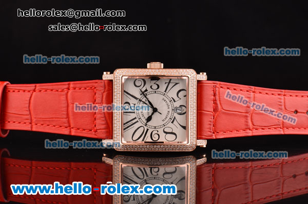 Franck Muller Master Square Swiss Quartz Rose Gold Case with White Dial Diamond bezel and Red Leather Strap - Click Image to Close